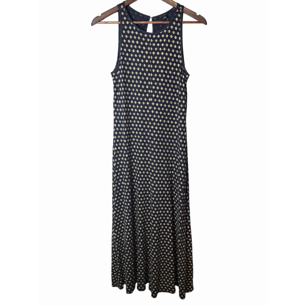 Ann Taylor Navy Blue Gold Linen Blend Geometric Floral Print Midi Maxi Dress S